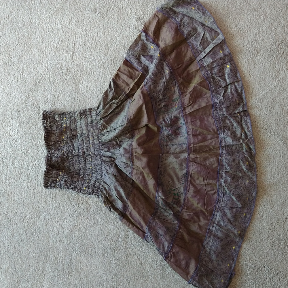 A Floating Lotus purple, olive and gold strapless dress